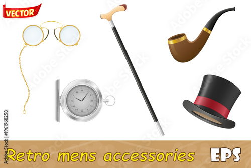 retro mens accessories 19th century set icons vector illustration