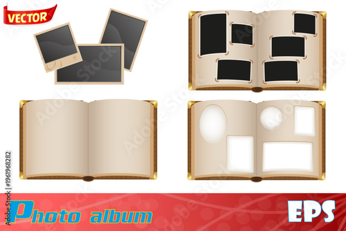 old open photo album with blank photos set icons vector illustration