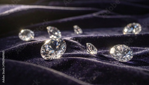 Loose diamonds sparkling on black velvet with soft reflective lighting