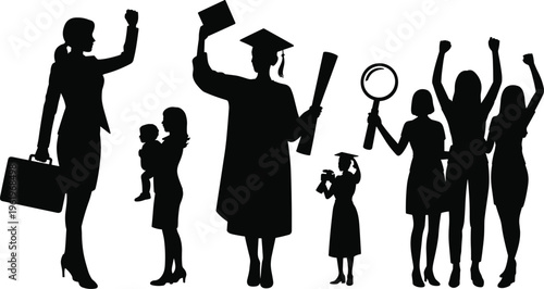 Women empowerment silhouettes, education success illustration, graduation achievement concept, career progress scene, unity celebration figures, profess