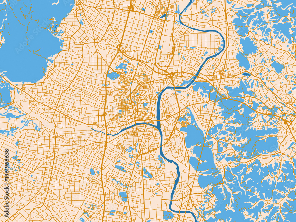 Fototapeta premium Street network map of Hanamaki, Japan, cream map with golden roads