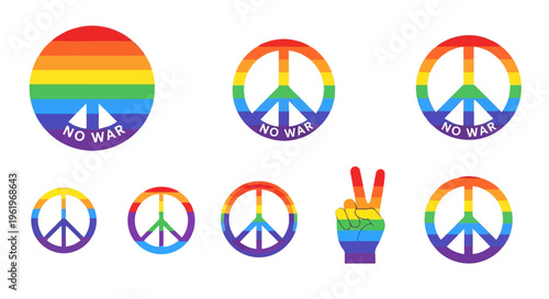 Collection of vibrant rainbow peace symbols and a hand gesture for lgbt pride and global harmony
