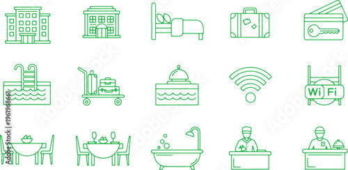 Comprehensive icons representing various hotel and travel amenities and services