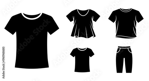 A collection of black clothing silhouettes featuring various t-shirt styles and a pair of pants