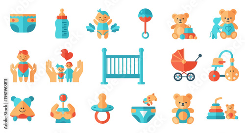 A comprehensive set of colorful baby icons depicting essential care items and toys for newborns