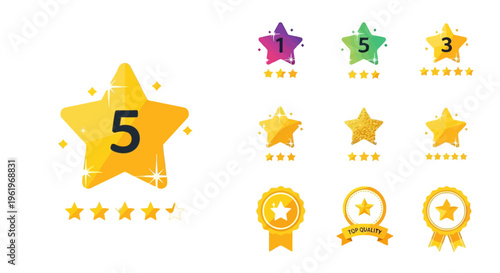 A collection of colorful star rating icons and golden award ribbons for website user feedback ui