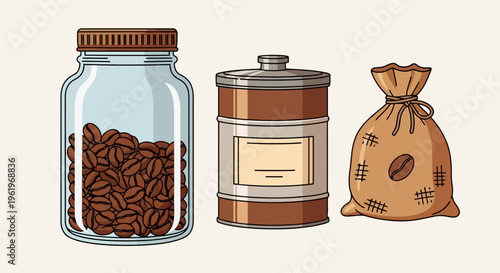 Three different storage containers for coffee beans including a glass jar, a metal tin, and a sack