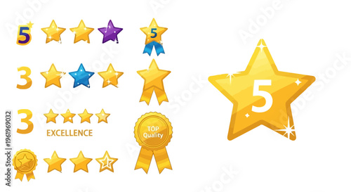 A collection of colorful star rating icons and golden badges designed for mobile game ui elements