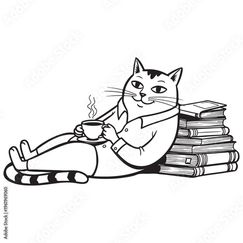Funny Cartoon Cat Reclining on a Stack of Books Drinking Coffee Illustration for Apparel Design Featuring Whimsical and Charming Style