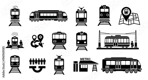 A collection of black and white vector icons representing various trains and public transport modes