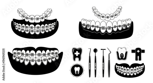 A collection of black and white dental icons featuring various types of braces and medical tools
