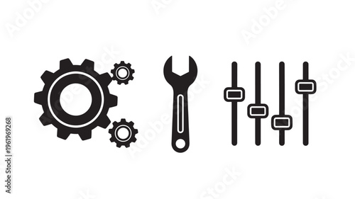 Industrial Gear Wrench Icons Mechanical Engineering Tools Factory Equipment Vector Set