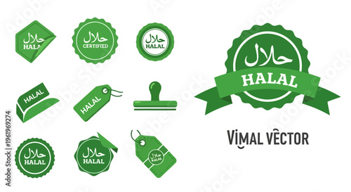 A collection of green halal certification stamps and product labels in a flat vector design style