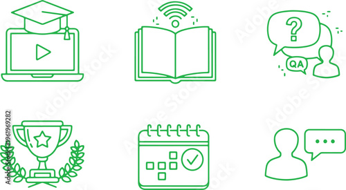 Illustrations representing various aspects of online educational resources and learning methods
