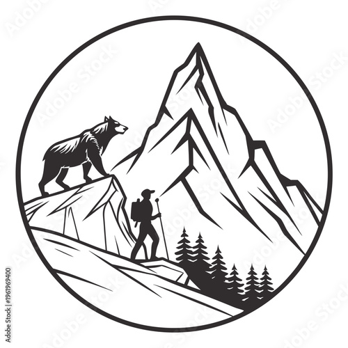 Hiker and bear on mountain peak