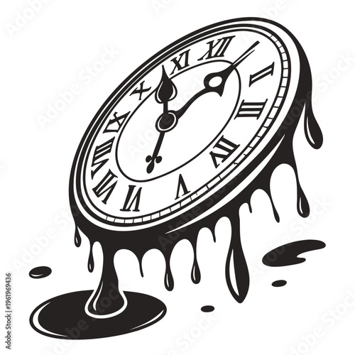 A black and white illustration of a melting clock