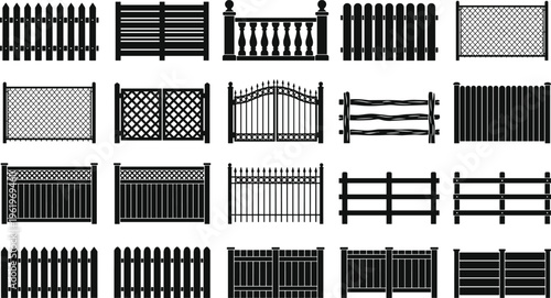 Fence silhouettes, gate icons, decorative barrier shapes, outdoor architecture, wooden fence design elements, wrought iron fences, property boundary art, flat vector illustration