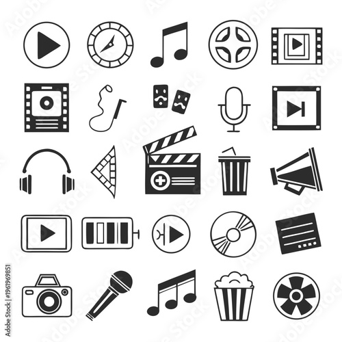 Black and white icons of film and music symbols