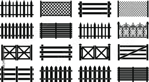 Fence silhouettes, gate icons, decorative barrier shapes, outdoor architecture, wooden fence design elements, wrought iron fences, property boundary art, flat vector illustration