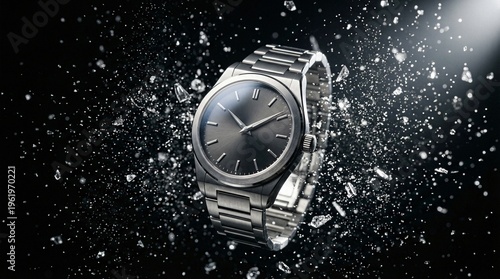 A luxury silver steel wristwatch with a black face and chrome dial reflects in water to create a high-end business accessory