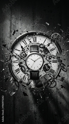 An ancient gold watch face with roman numbers rests against a vintage grunge wall to represent the deadline of a retro time is money concept