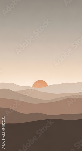 Sunset over mountains with hills landscape.