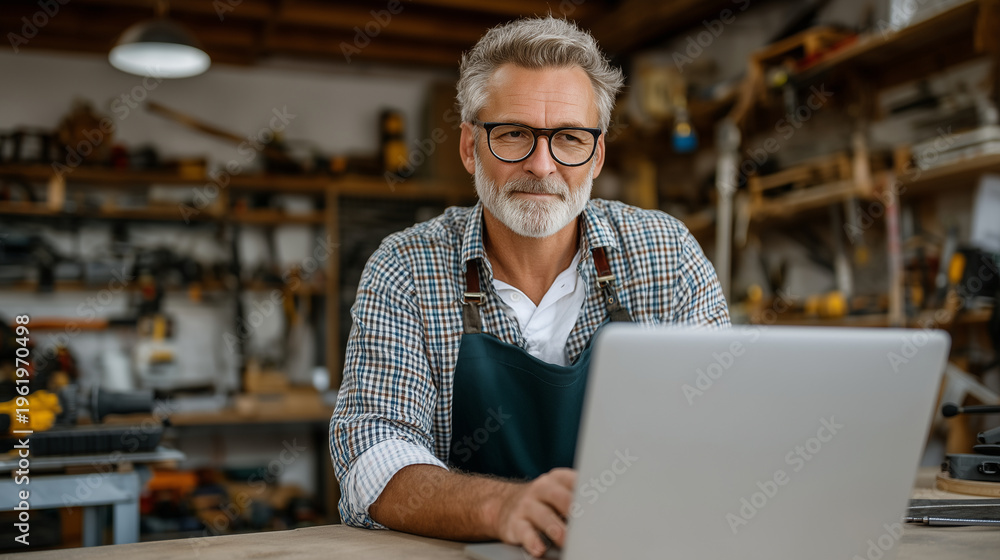 Fototapeta premium Bearded entrepreneur tests prototype kitchen appliance in garage workshop surrounded by tools and failed versions while documenting process for crowdfunding campaign, ideal for inn
