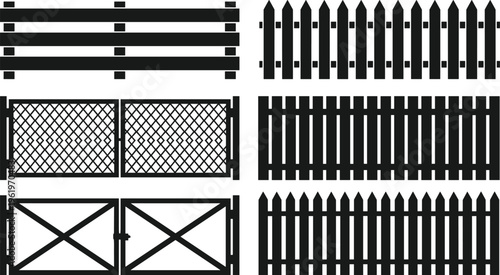 Fence silhouettes, gate icons, decorative barrier shapes, outdoor architecture, wrought iron gates, wooden fence design elements, property boundary art, flat vector illustration