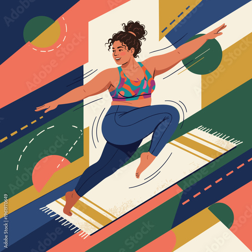 Plus-size woman practicing yoga on mat in colorful abstract background  