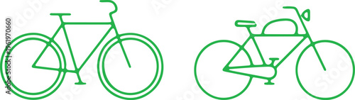 Two distinct bicycle designs illustrated in a simple green line drawing style.
