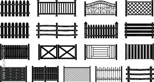 Fence silhouettes, gate icons, decorative barrier shapes, outdoor architecture, wooden fence design elements, wrought iron fences, property boundary art, flat vector illustration