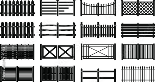 Fence silhouettes, gate icons, decorative barrier shapes, outdoor architecture, wooden fence design elements, wrought iron fences, property boundary art, flat vector illustration