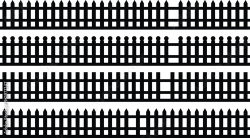 Fence silhouettes, picket icons, decorative barrier shapes, outdoor architecture, wooden fence design elements, property boundary art, security fences, flat vector illustration