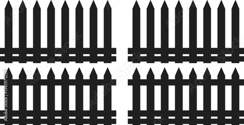 Fence silhouettes, picket icons, decorative barrier shapes, outdoor architecture, wooden fence design elements, property boundary art, security fences, flat vector illustration