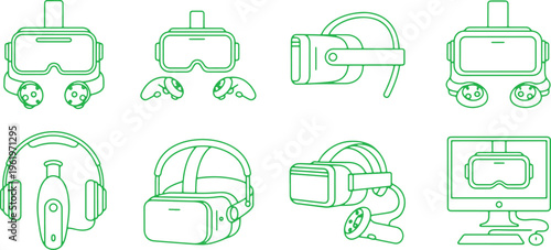 Collection of virtual reality and augmented reality equipment icons displayed in green outline