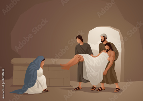 Biblical vector illustration series. Jesus Laid in the Tomb, The Entombment of Christ.
