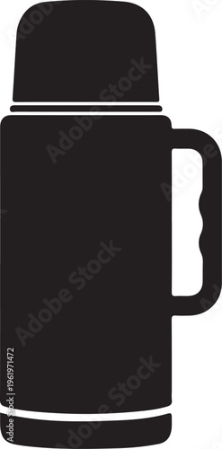 Large gray thermos bottle with handle and lid isolated on transparent background