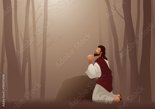 Biblical vector illustration series. Jesus Praying in the Garden of Gethsemane.