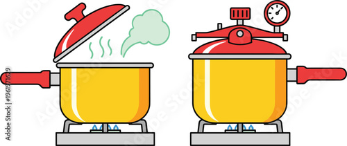 Cooking pot and pressure cooker illustration, steam release and sealed lid comparison - black and white vector design