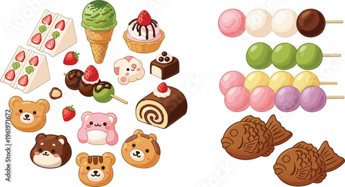 Cute Japanese sweets and desserts set with dango, taiyaki, cakes, ice cream and bear pastries, kawaii food collection vector illustration for menu and design