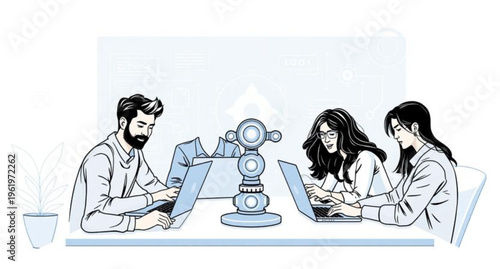 Funny vector illustration of a group of business people including a woman and boy working together at an office table with a laptop and computer during a humorous meeting