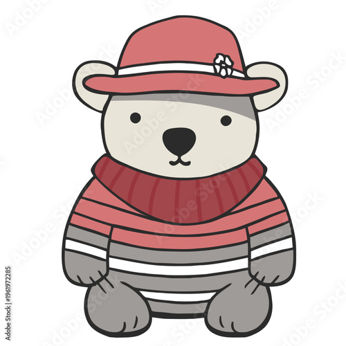 A cute cartoon bear wearing a red hat and striped sweater