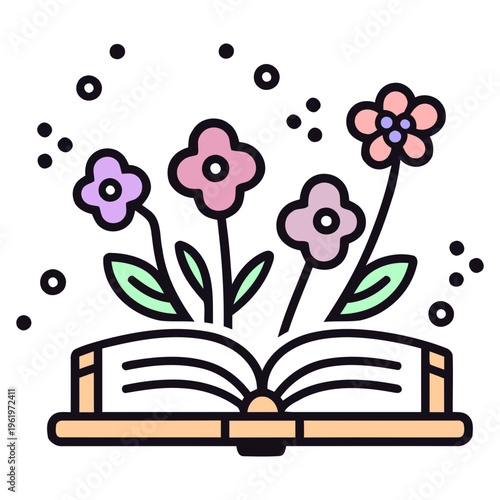 A colorful vector illustration of an open book with flowers growing out of it