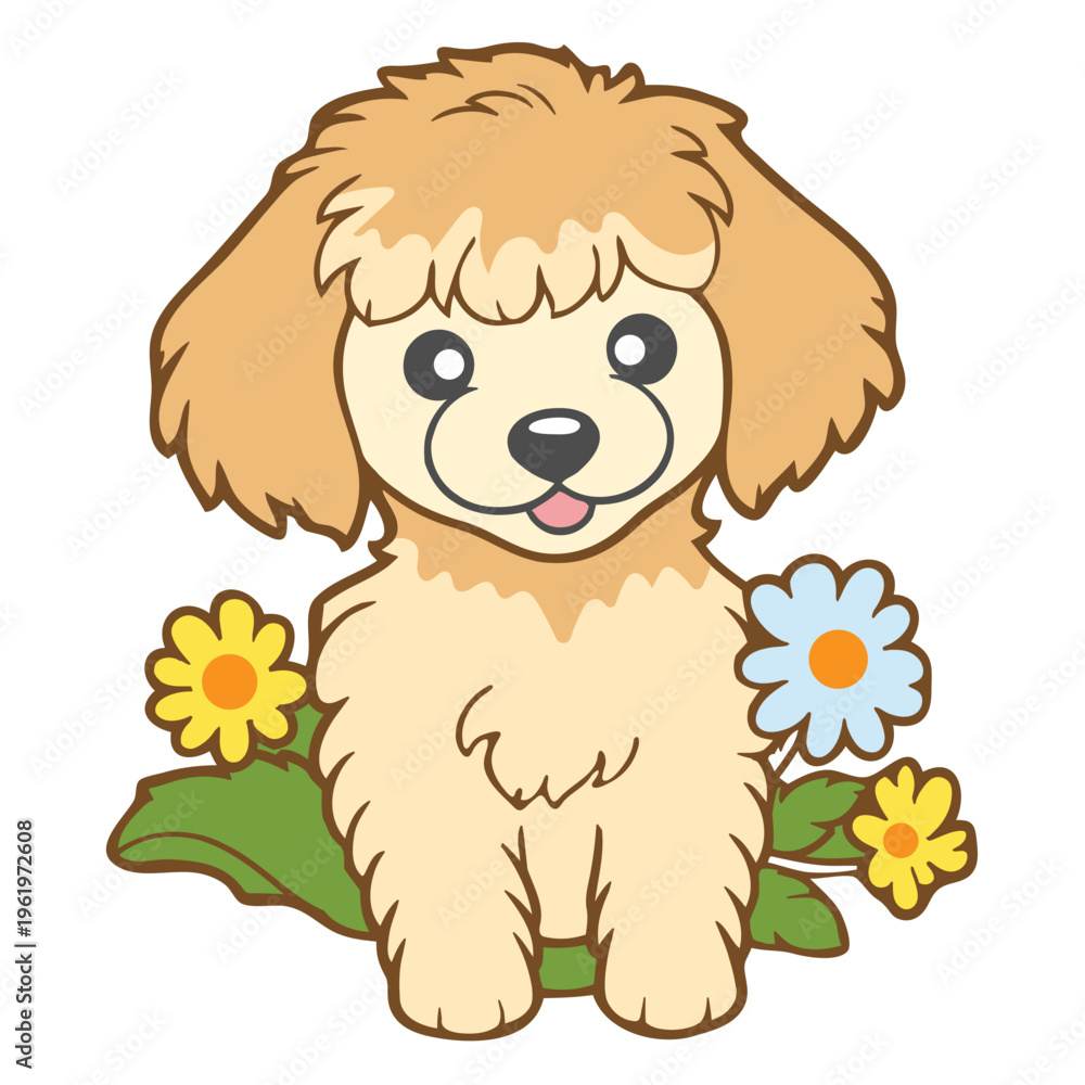 Fototapeta premium A cute cartoon dog sitting among colorful flowers in a playful illustration