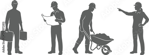 Silhouettes of construction workers in various poses on white background