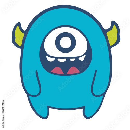 A cute cartoon monster with one eye and yellow horns on a white background