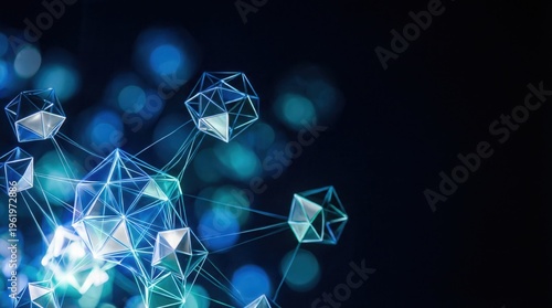 Obraz na płótnie Artificial intelligence and data connectivity concept with geometric plexus nodes, 3D render. Digital transformation, cloud computing and blockchain network for technology industry.
