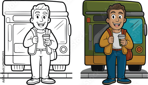 Cartoon style friendly commuter outline and color playful vector illustration