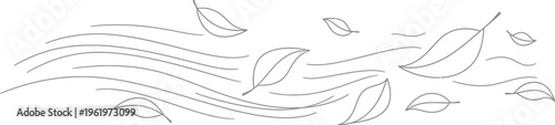 A simple black and white illustration depicting a collection of various autumn leaves gracefully being carried and blown by strong gusts of flowing wind lines.