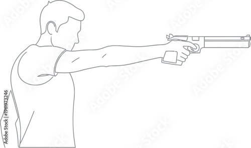 Continuous line drawing depicts a male figure from the side, arm fully extended, expertly holding a specialized target pistol, ready to fire or practice precision shooting with intense focus.